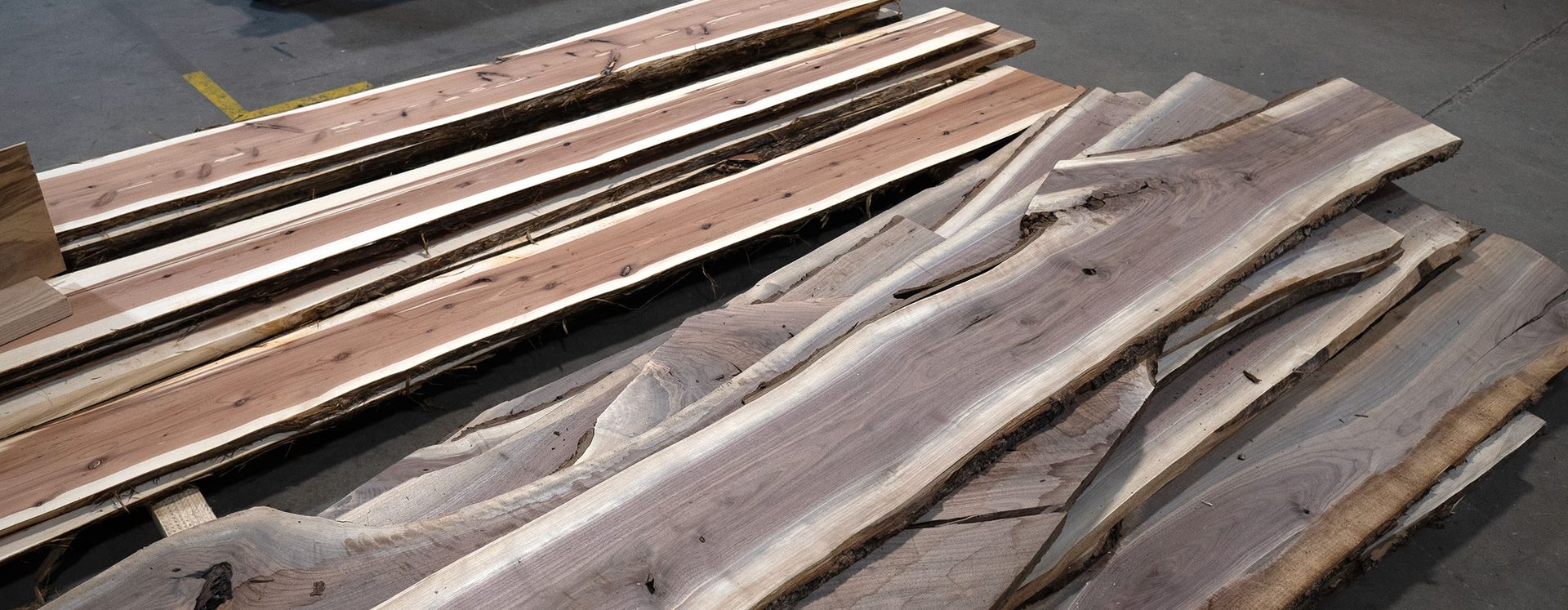 Stacks of live-edge hardwood slabs laid out in the Frederick Lumber warehouse
